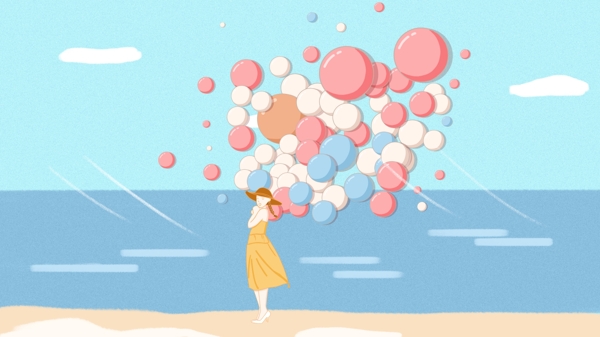 小清新小女孩海边放气球世界旅游日插画