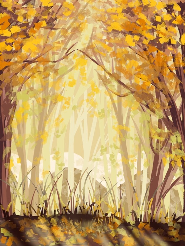 唯美金秋戶外景色插畫背景