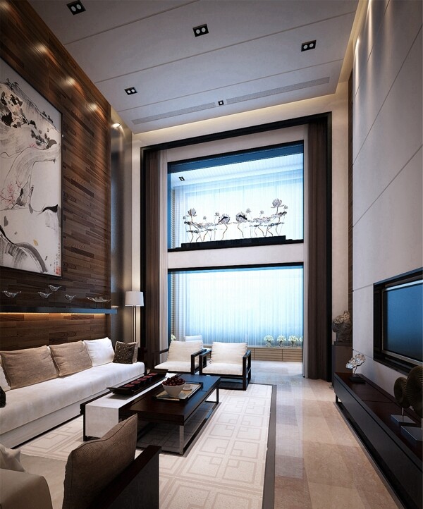 现代高级客厅褐色背景墙室内装修效果图