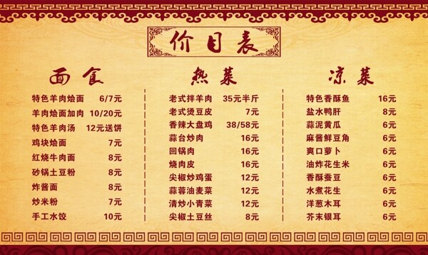 價目表