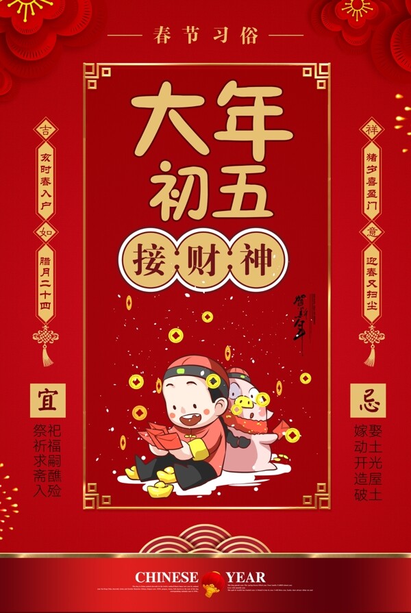 红色大气春节习俗大年初五海报