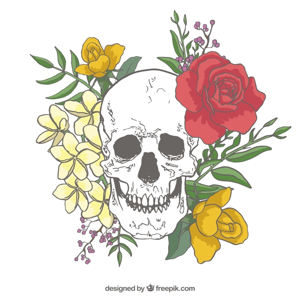 头骨背景玫瑰和手工绘制的叶子
