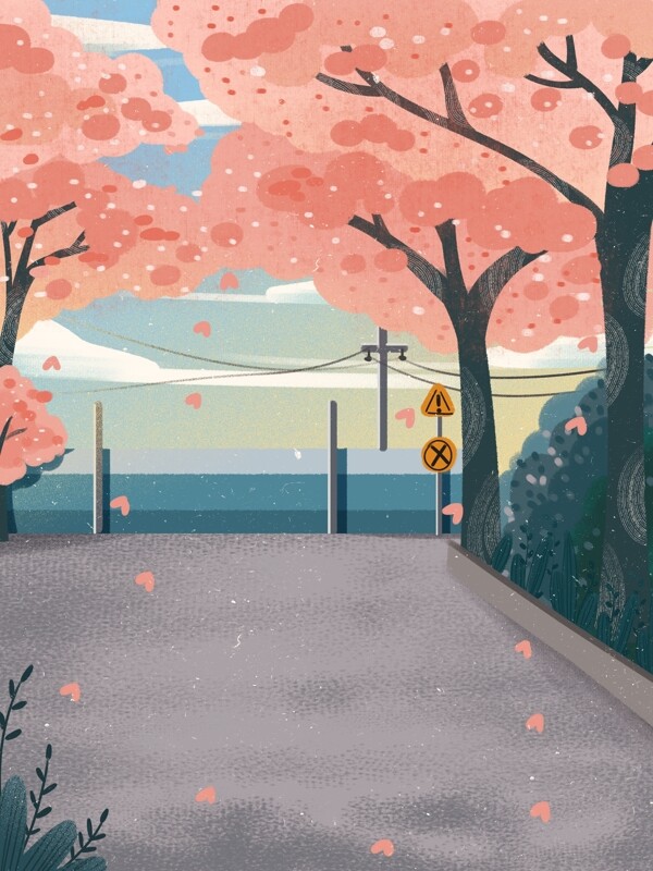 唯美日系樱花盛开的季节插画背景