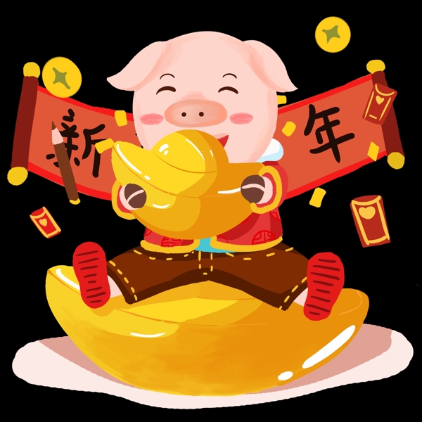 新年豬手繪卡通人物PNG素材