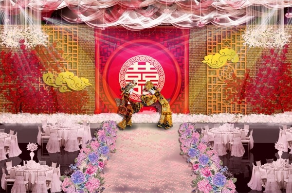红色中式喜庆浪漫婚礼舞台效果图psd