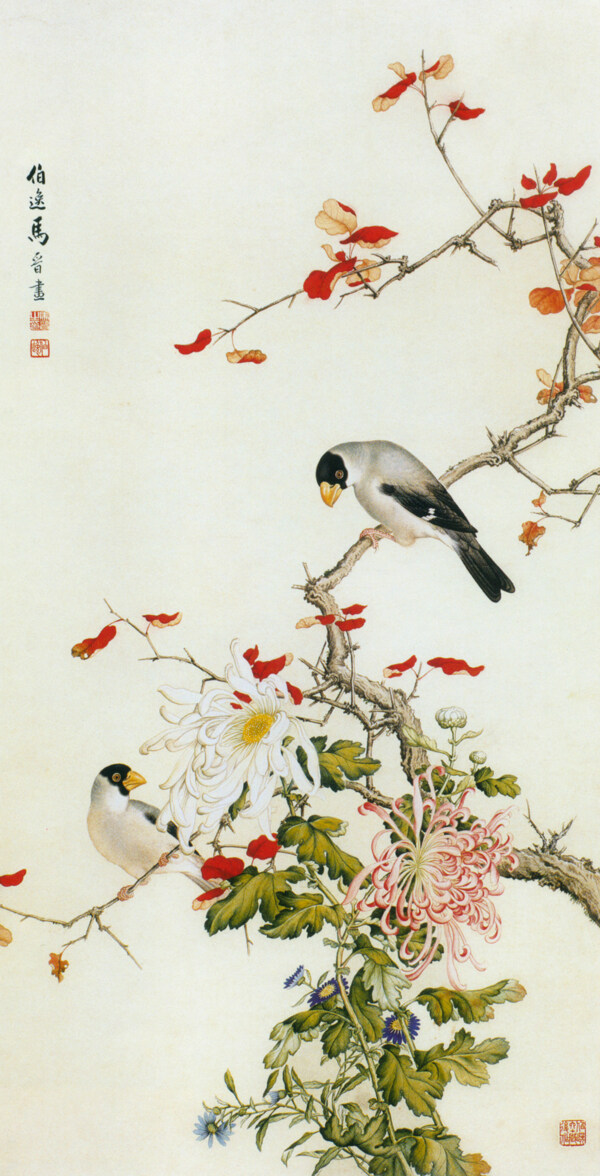 秋菊梧桐鳥圖