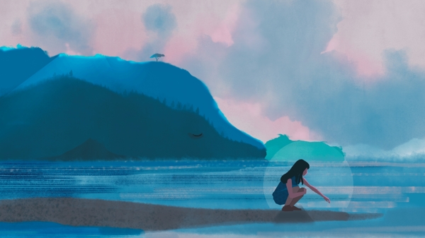 蓝色大海日落女孩与鲸鱼手绘插画