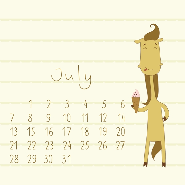 可爱的卡通七月月历设计矢量