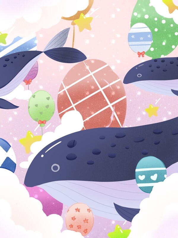 手绘星星气球鲸鱼背景设计