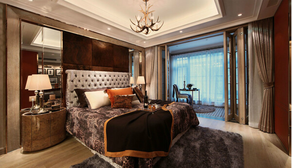 现代时尚卧室亮面褐色柜子室内装修效果图