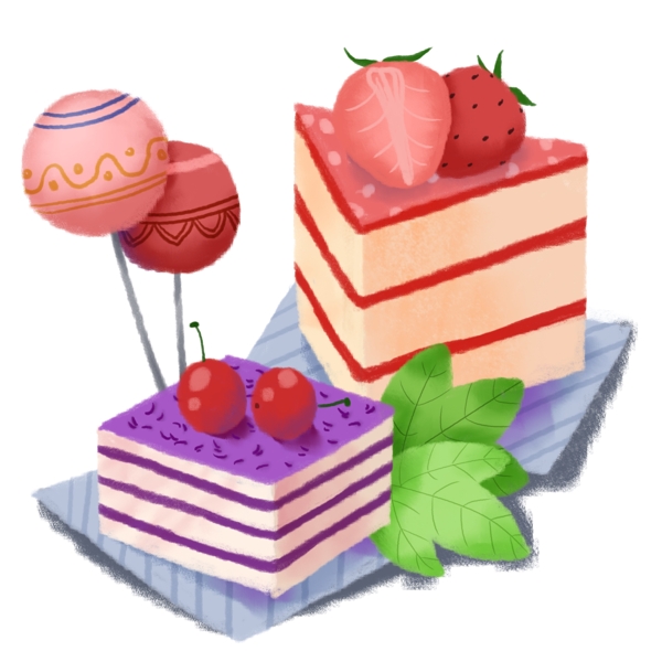 手绘甜点樱桃草莓蛋糕棒棒糖绿叶