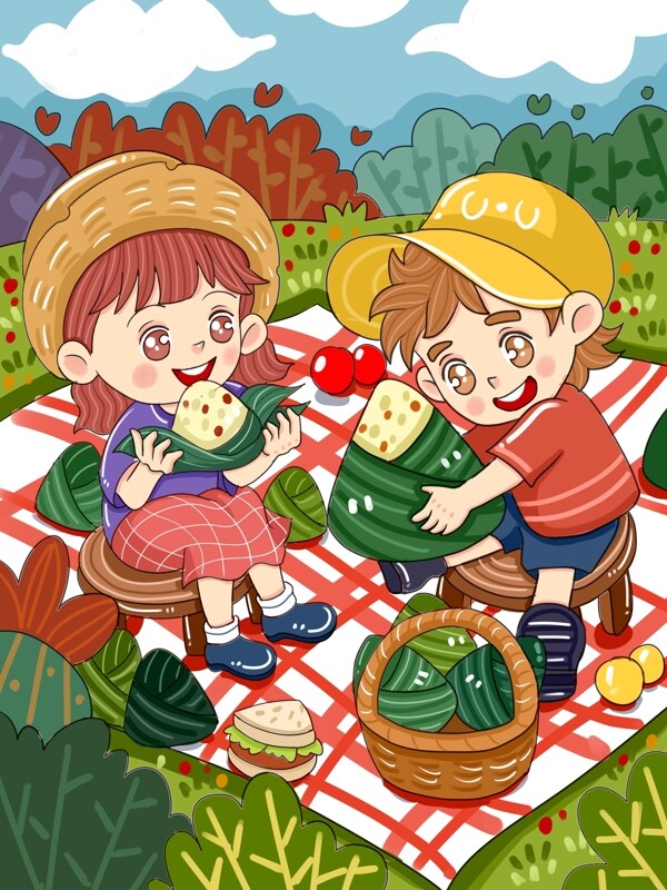 原创卡通端午节野餐吃粽子可爱儿童插画
