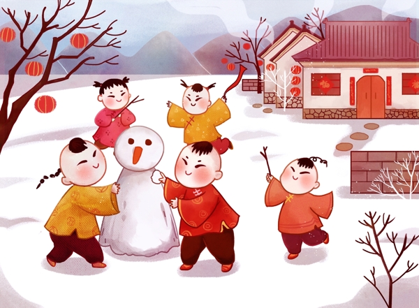 春節(jié)新年冬天一群兒童堆雪人插畫素材