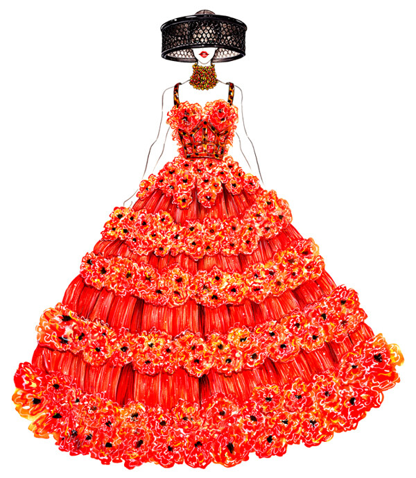 红色花朵蓬蓬裙设计图