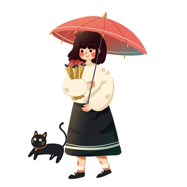 打傘的美麗女孩和貓png元素