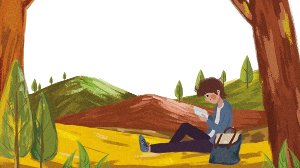 森林里阅读的小男孩主题边框