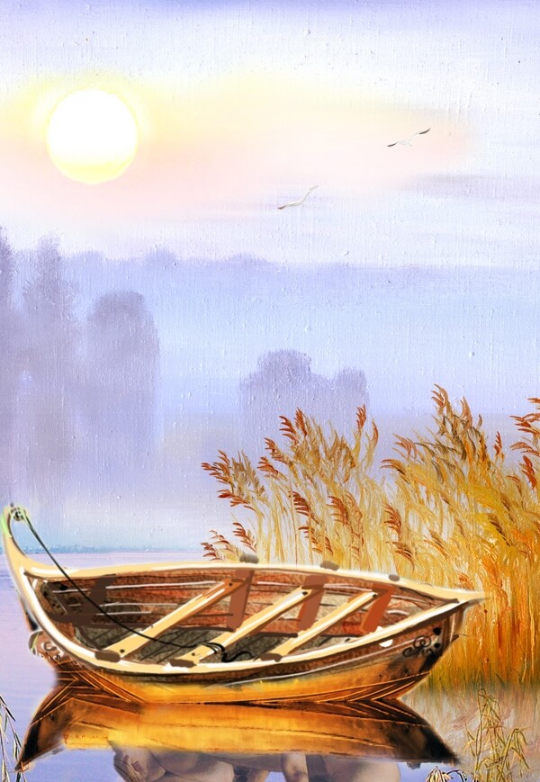 湖水边的木舟装饰画