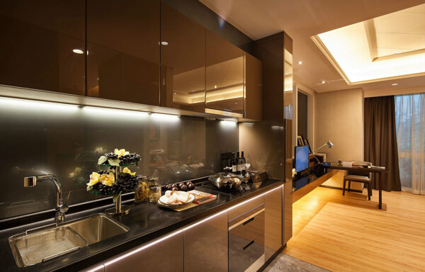 现代时尚厨房深褐色亮面壁柜室内装修效果图