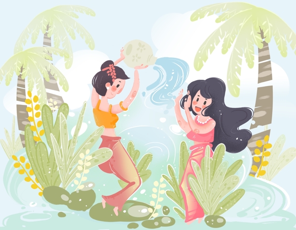 潑水節(jié)少女扁平清新插畫