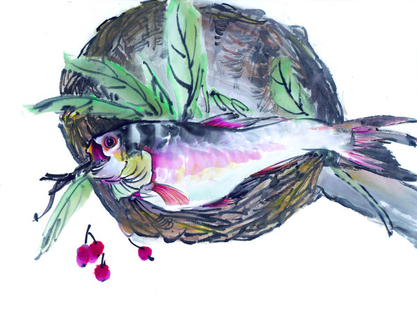 中國(guó)風(fēng)水墨畫魚蔬菜籃子中華藝術(shù)繪畫