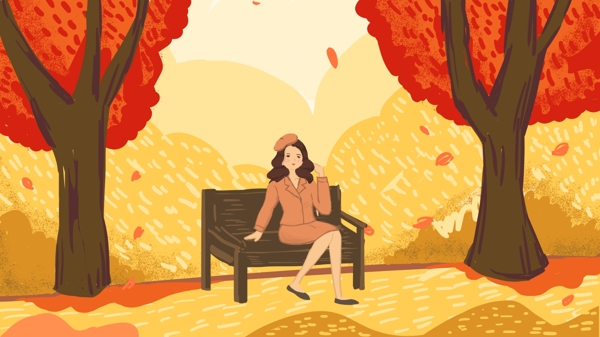 原创插画秋天风景女孩坐在公园椅子