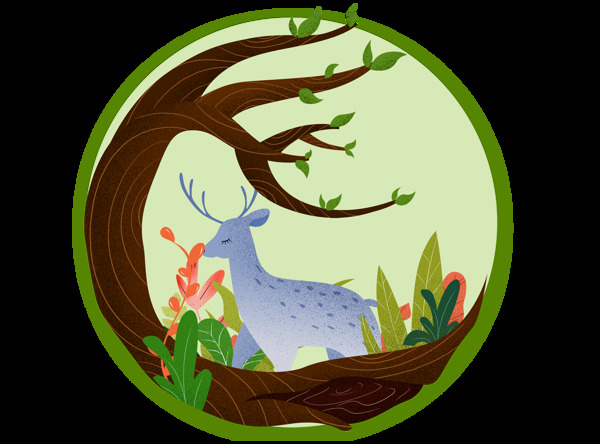 绿色森林中的小鹿插画