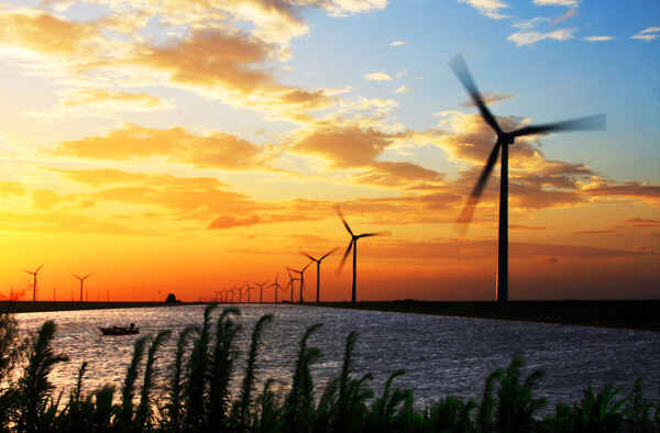 夕阳风力发电机组图片