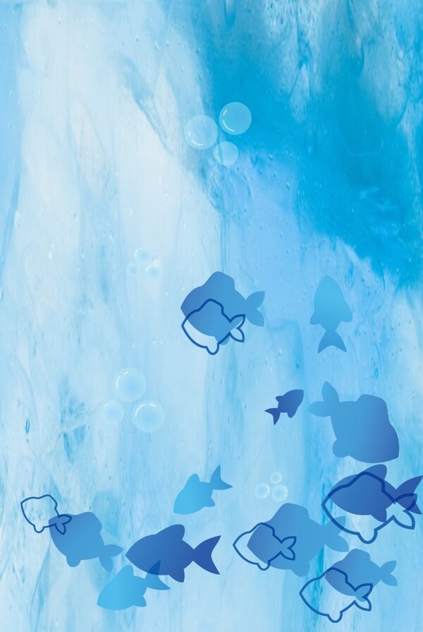 夏日清凉卡通手绘蓝色深海鱼背景h5