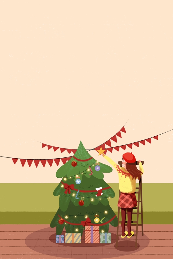 圣诞节家中装饰的女孩插画海报