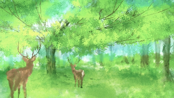 手绘唯美森林绿色小鹿背景