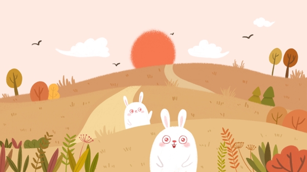 二十四节气之秋分小兔子秋日风景儿童插画