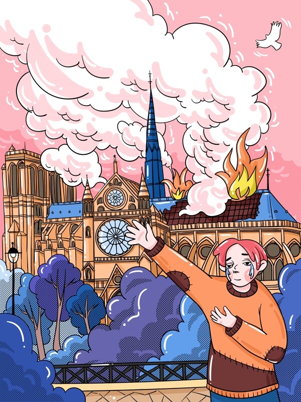 巴黎圣母院失火惋惜卡西莫多钟楼插画