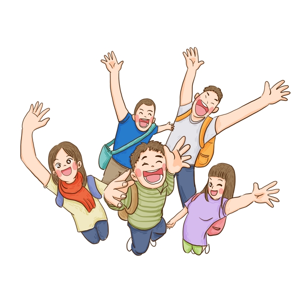 彩繪一群歡呼的學(xué)生漫畫(huà)人物設(shè)計(jì)