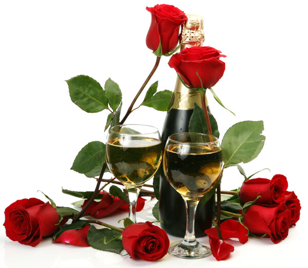 玫瑰花与香槟美酒图片
