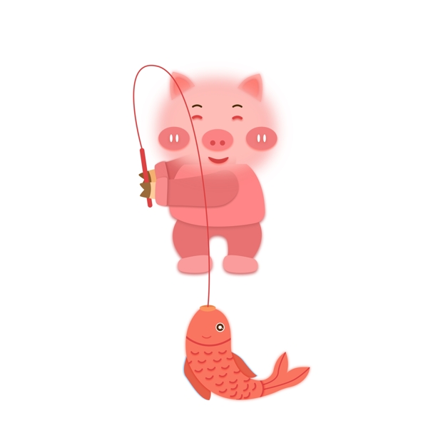 卡通剪纸风钓鱼的猪