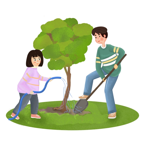植树环保活动的男生与女孩