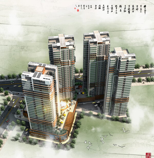 高層商業(yè)住宅綜合樓鳥瞰圖圖片