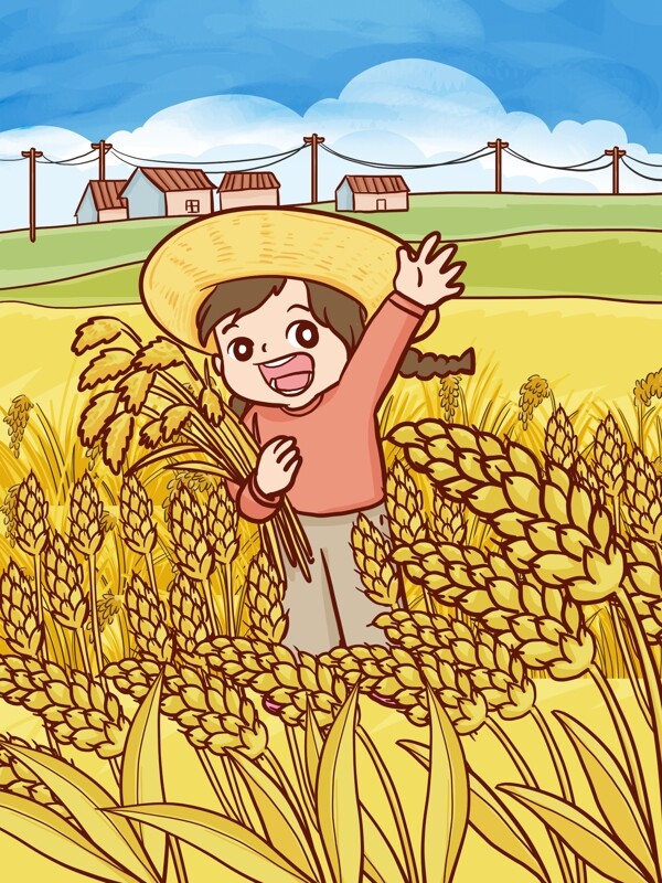 二十四节气芒种季节女孩子收割麦子手绘插画