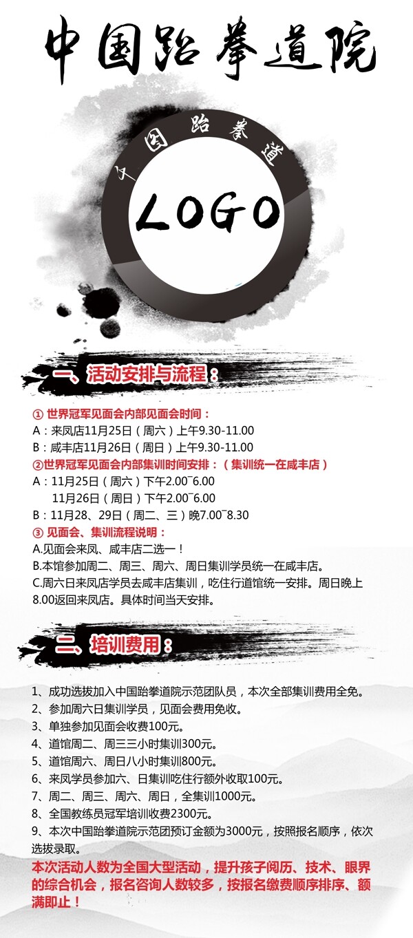 跆拳道中国风水墨大气易拉宝海报