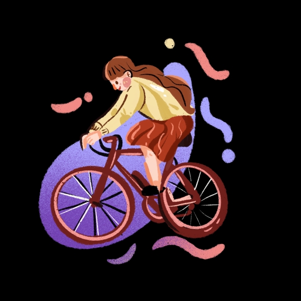 骑自行车的女孩手绘插画风png免抠素材