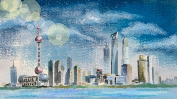 手绘城市上海风光建筑插画