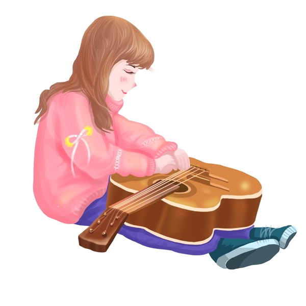 手绘文艺拿着吉他的女孩