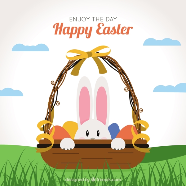 复活节彩蛋篮子里的兔子背景