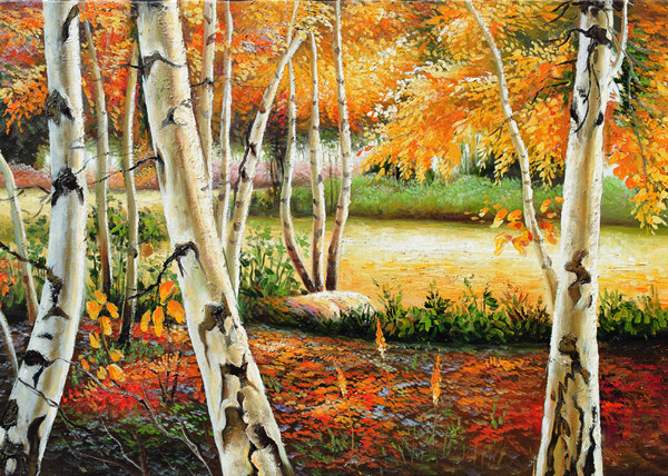 秋天树木油画图片