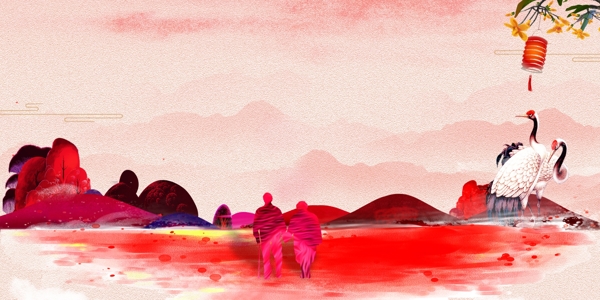 中国风红色海滩海报背景素材