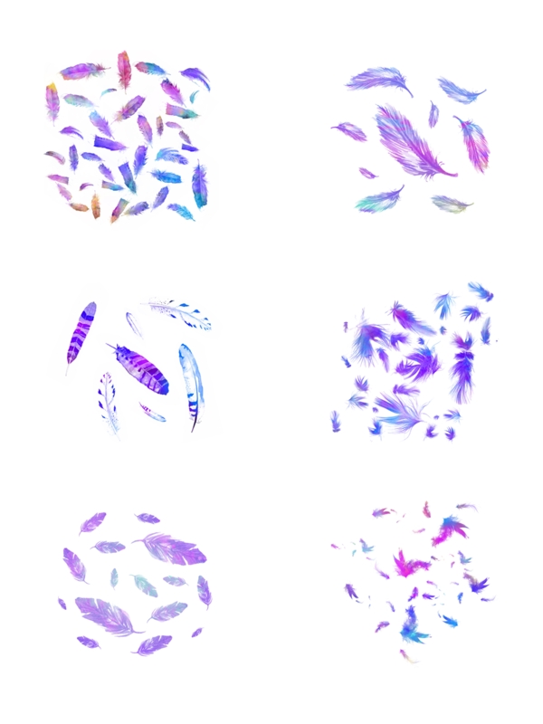 水彩蓝紫渐变羽毛漂浮设计元素背景底纹套图
