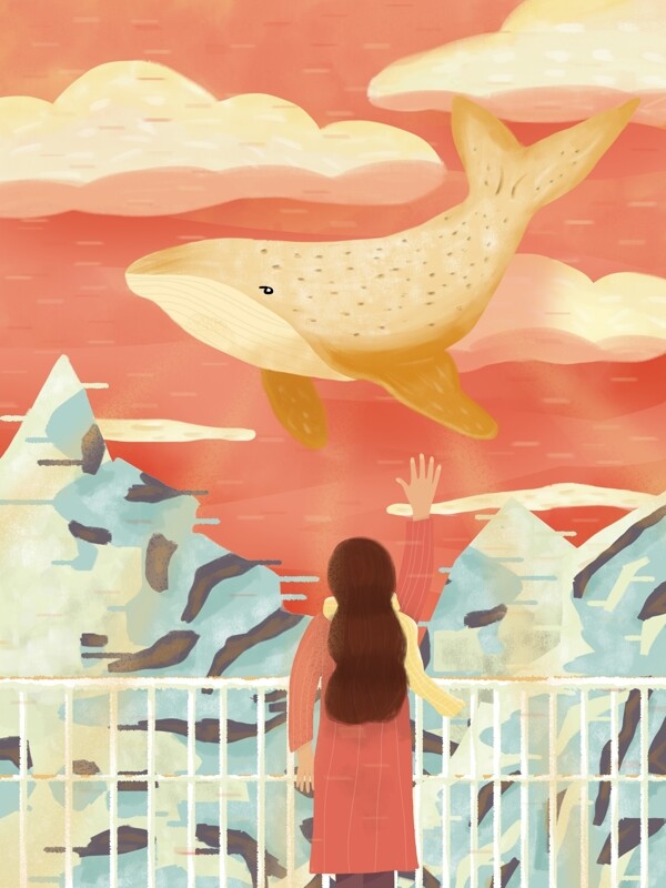 鲸鱼与女孩治愈唯美插画