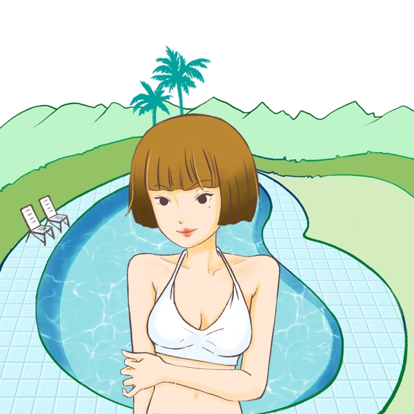 夏日清凉泳装少女插画手绘泳池