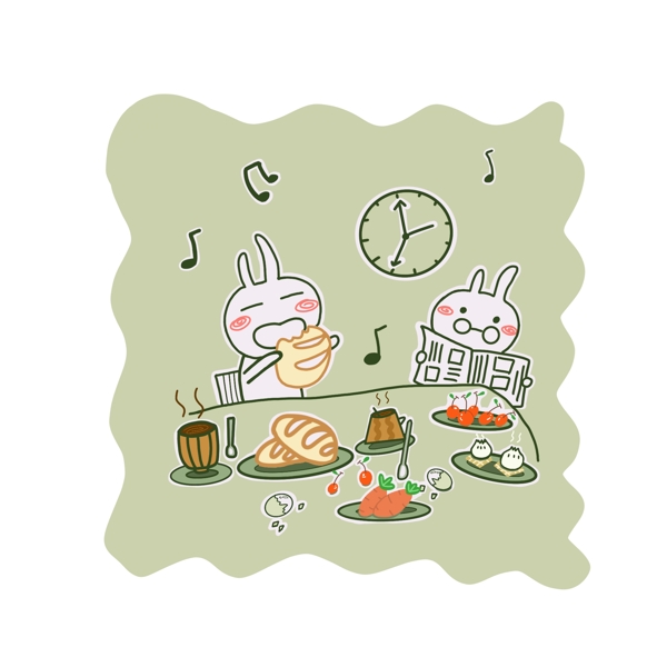 卡通可爱兔子吃早餐小清新装饰元素设计图案