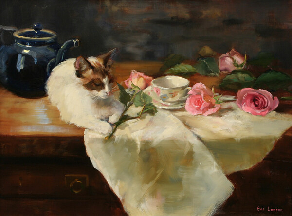 玫瑰花与猫咪油画图片